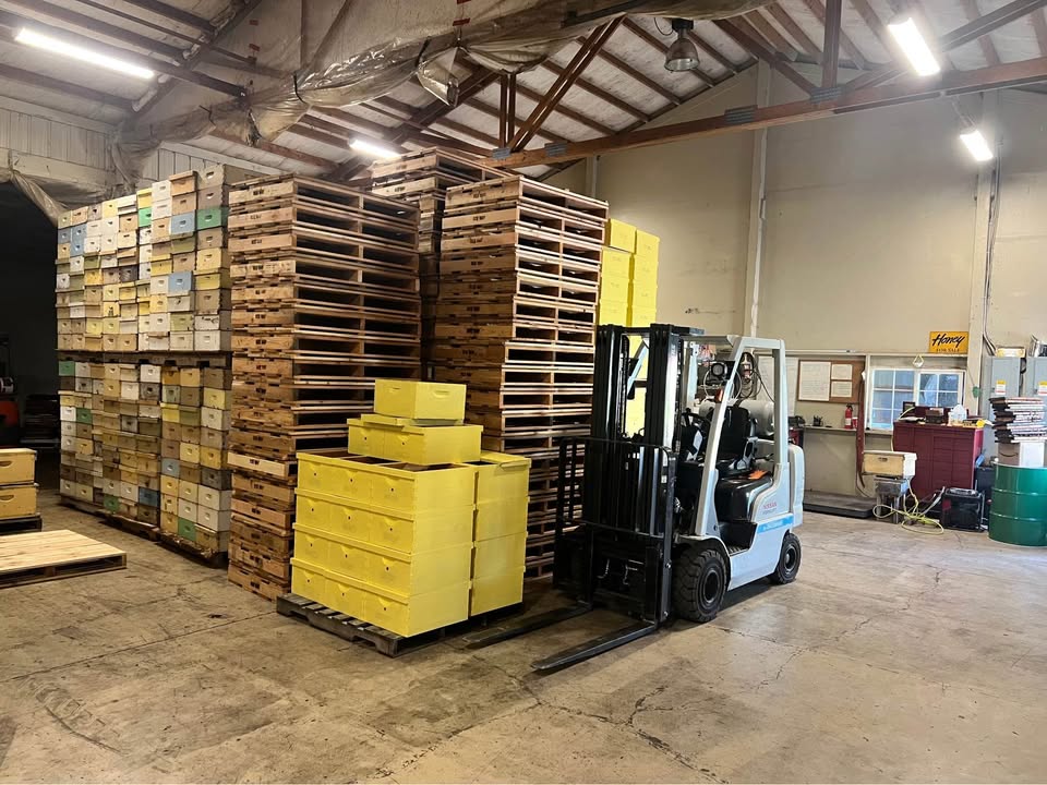 Commercial Honey Factory Warehouse with Forklift, Staged Pallets, and Freshly Repainted Factory Floor